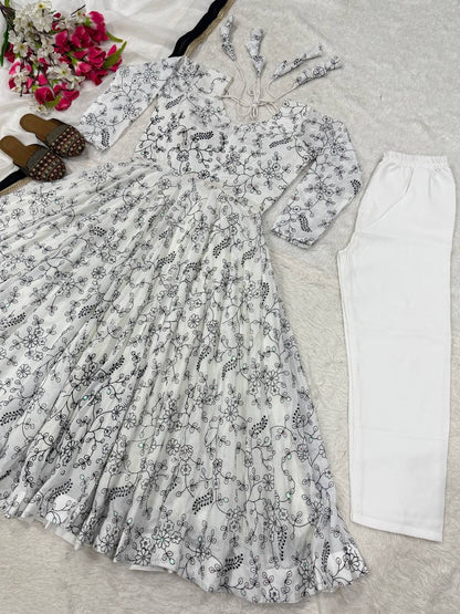 Precious White Color Sequence Embroidery Anarkali Suit With Dupatta