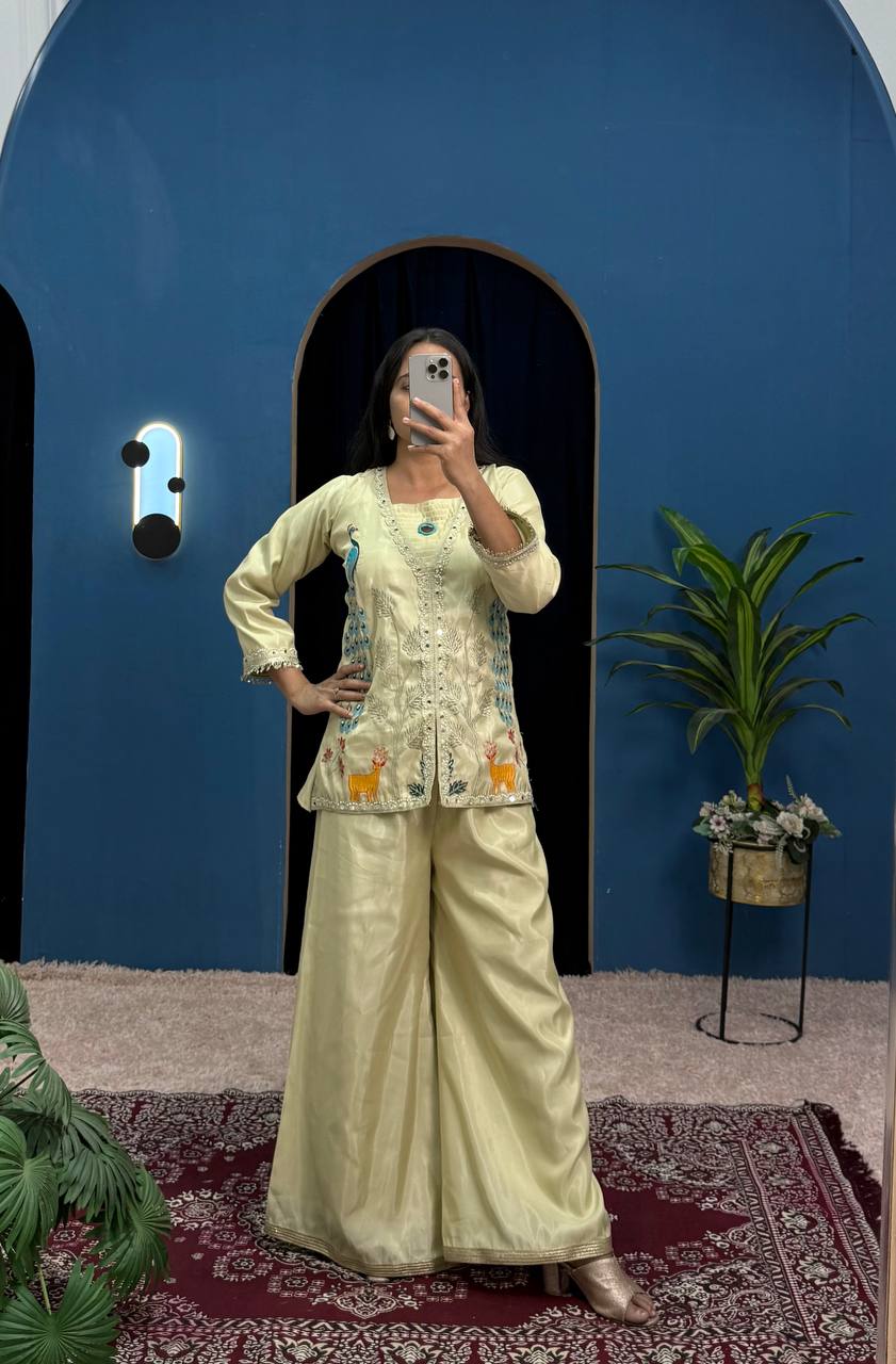 Superhit Trending Cream Color Full Embroidery With Mirror Work Co-Ord Palazzo Set