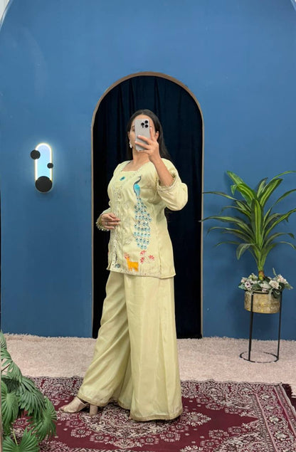 Superhit Trending Cream Color Full Embroidery With Mirror Work Co-Ord Palazzo Set