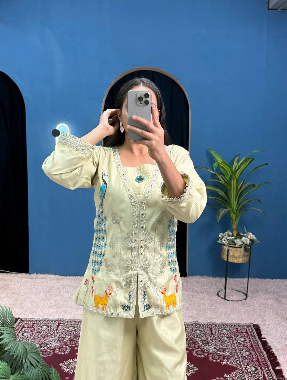 Superhit Trending Cream Color Full Embroidery With Mirror Work Co-Ord Palazzo Set