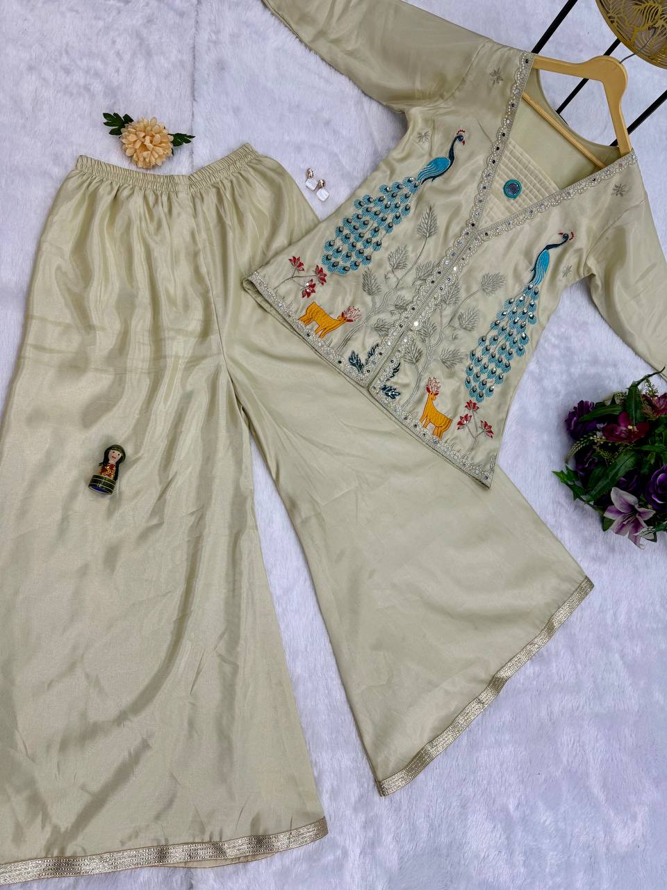 Superhit Trending Cream Color Full Embroidery With Mirror Work Co-Ord Palazzo Set