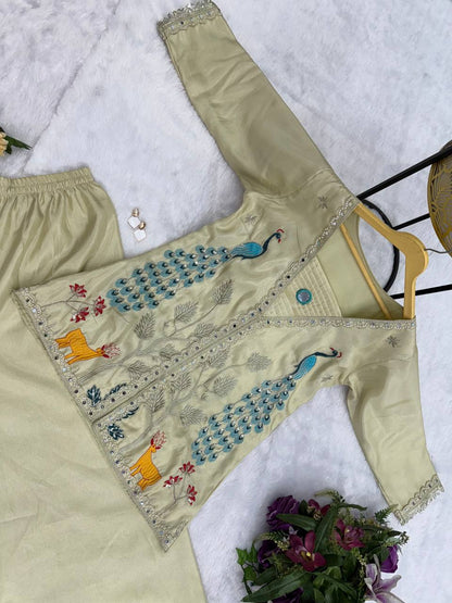 Superhit Trending Cream Color Full Embroidery With Mirror Work Co-Ord Palazzo Set