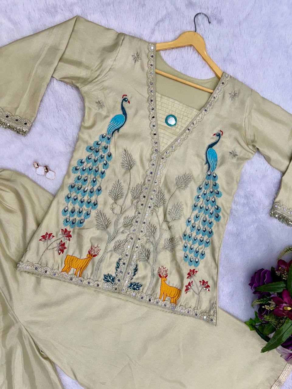 Superhit Trending Cream Color Full Embroidery With Mirror Work Co-Ord Palazzo Set