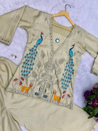 Superhit Trending Cream Color Full Embroidery With Mirror Work Co-Ord Palazzo Set