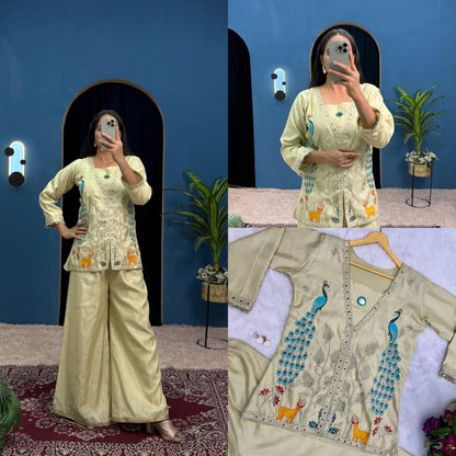 Superhit Trending Cream Color Full Embroidery With Mirror Work Co-Ord Palazzo Set