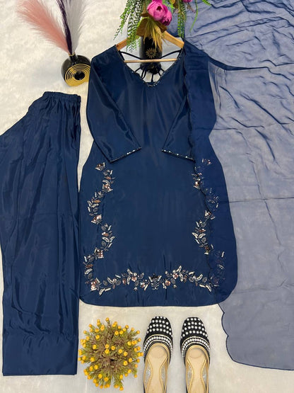 Function Wear Neavy Blue Color Heavy Natural Crep Silk With Bids Hand Work Salwar Suit