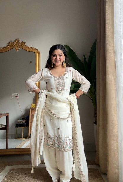 Preferable White Color Chinon Embroidered Salwar Suit With Dupatta