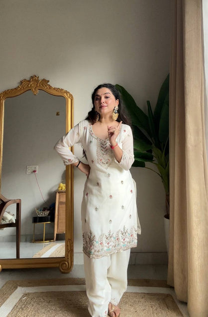 Preferable White Color Chinon Embroidered Salwar Suit With Dupatta