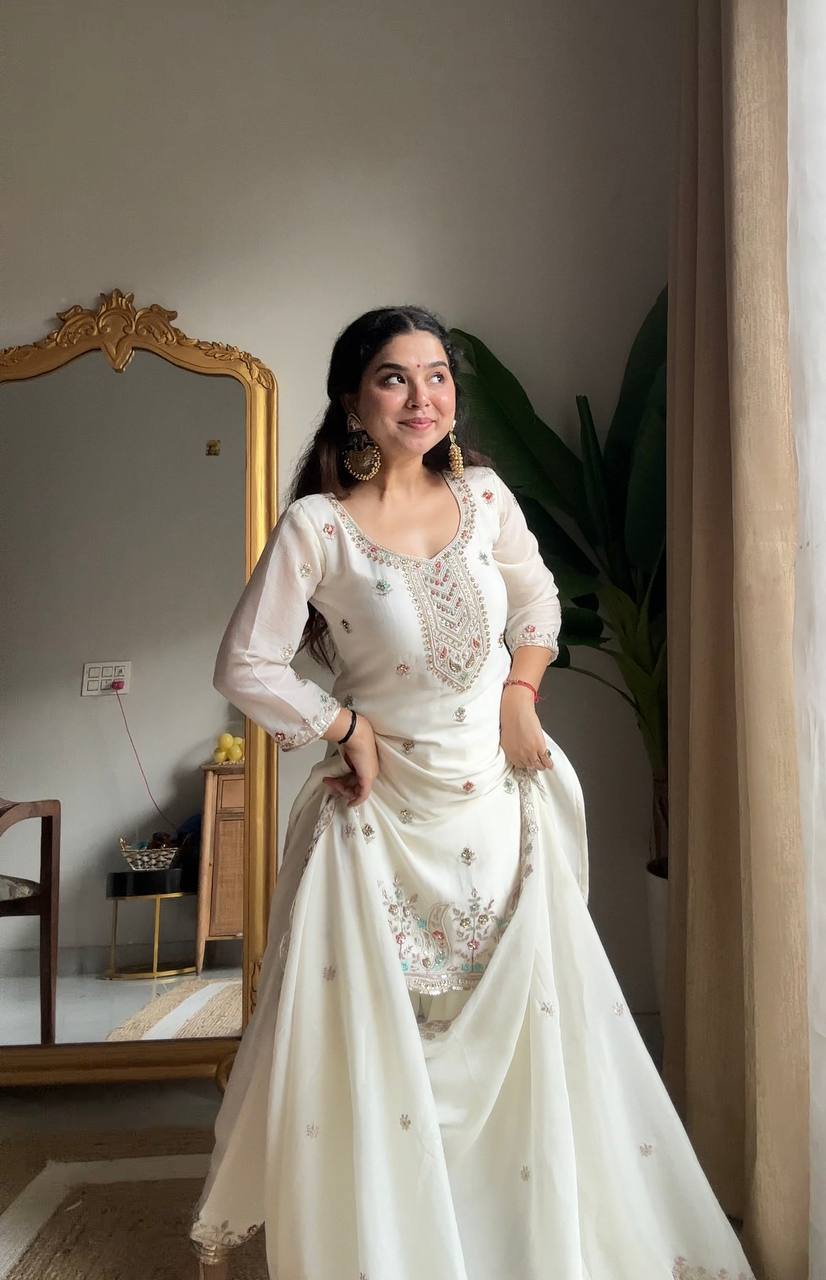 Preferable White Color Chinon Embroidered Salwar Suit With Dupatta