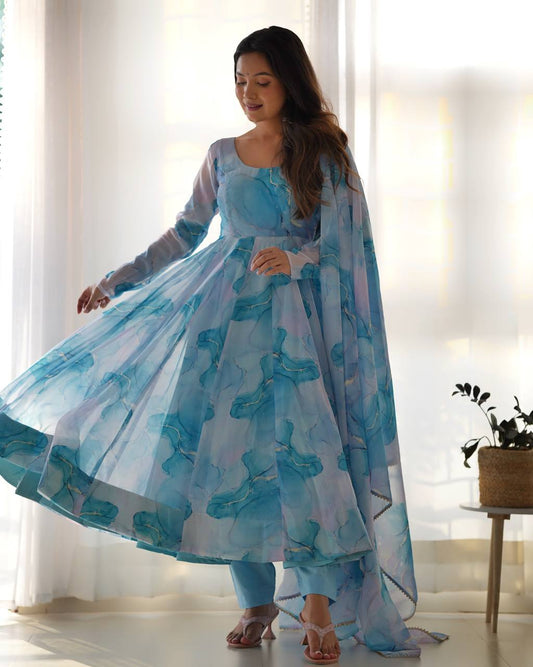 Arti Chauhan Sky Blue Color Organza Silk Anarkali Suit
