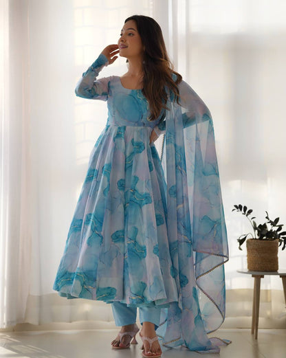 Arti Chauhan Sky Blue Color Organza Silk Anarkali Suit