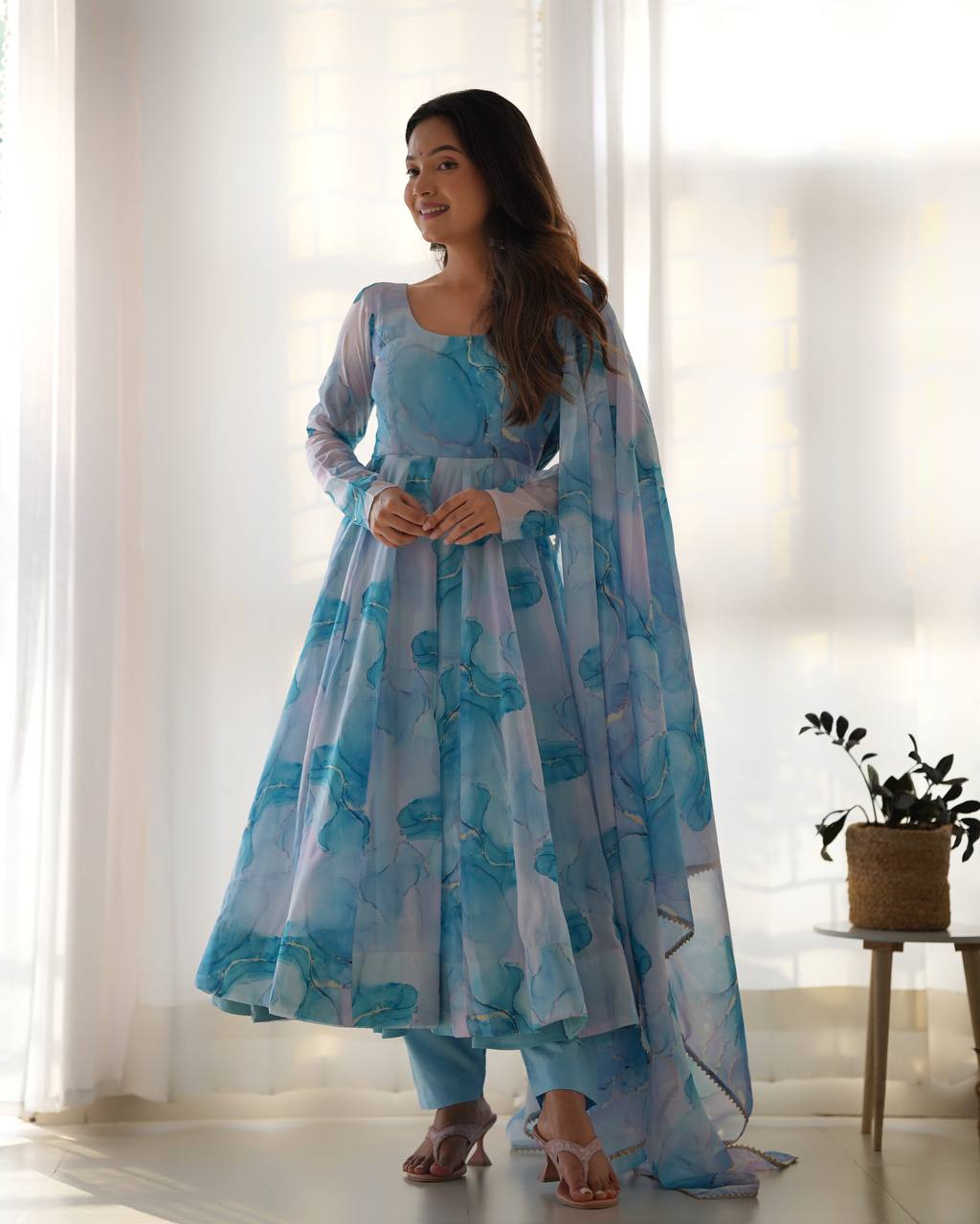 Arti Chauhan Sky Blue Color Organza Silk Anarkali Suit