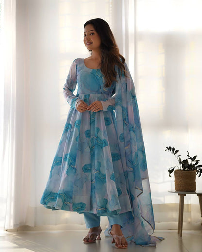 Arti Chauhan Sky Blue Color Organza Silk Anarkali Suit