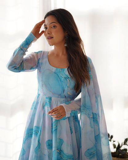 Arti Chauhan Sky Blue Color Organza Silk Anarkali Suit