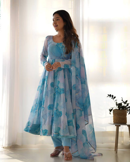 Arti Chauhan Sky Blue Color Organza Silk Anarkali Suit