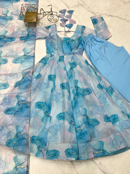 Arti Chauhan Sky Blue Color Organza Silk Anarkali Suit