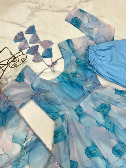 Arti Chauhan Sky Blue Color Organza Silk Anarkali Suit