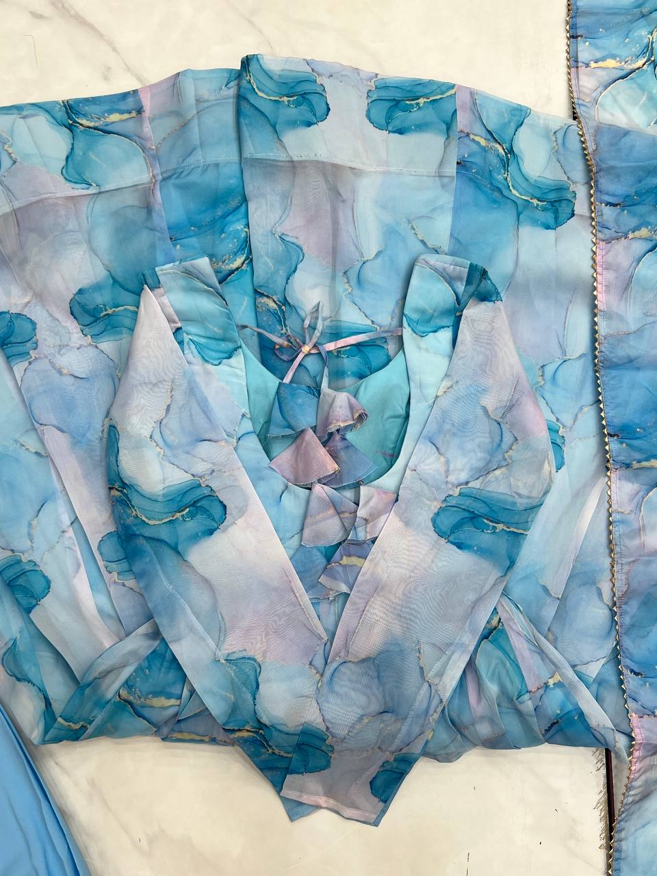 Arti Chauhan Sky Blue Color Organza Silk Anarkali Suit