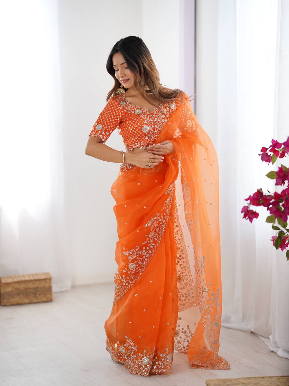 Arti Chauhan Wear Orange Color Organza Silk Saree With Embroidered Blouse
