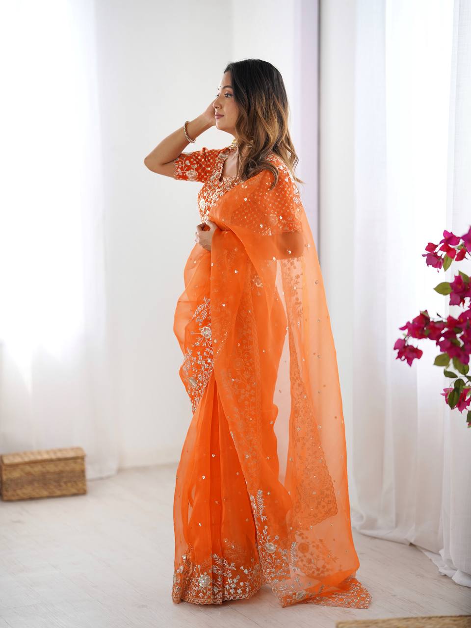 Arti Chauhan Wear Orange Color Organza Silk Saree With Embroidered Blouse