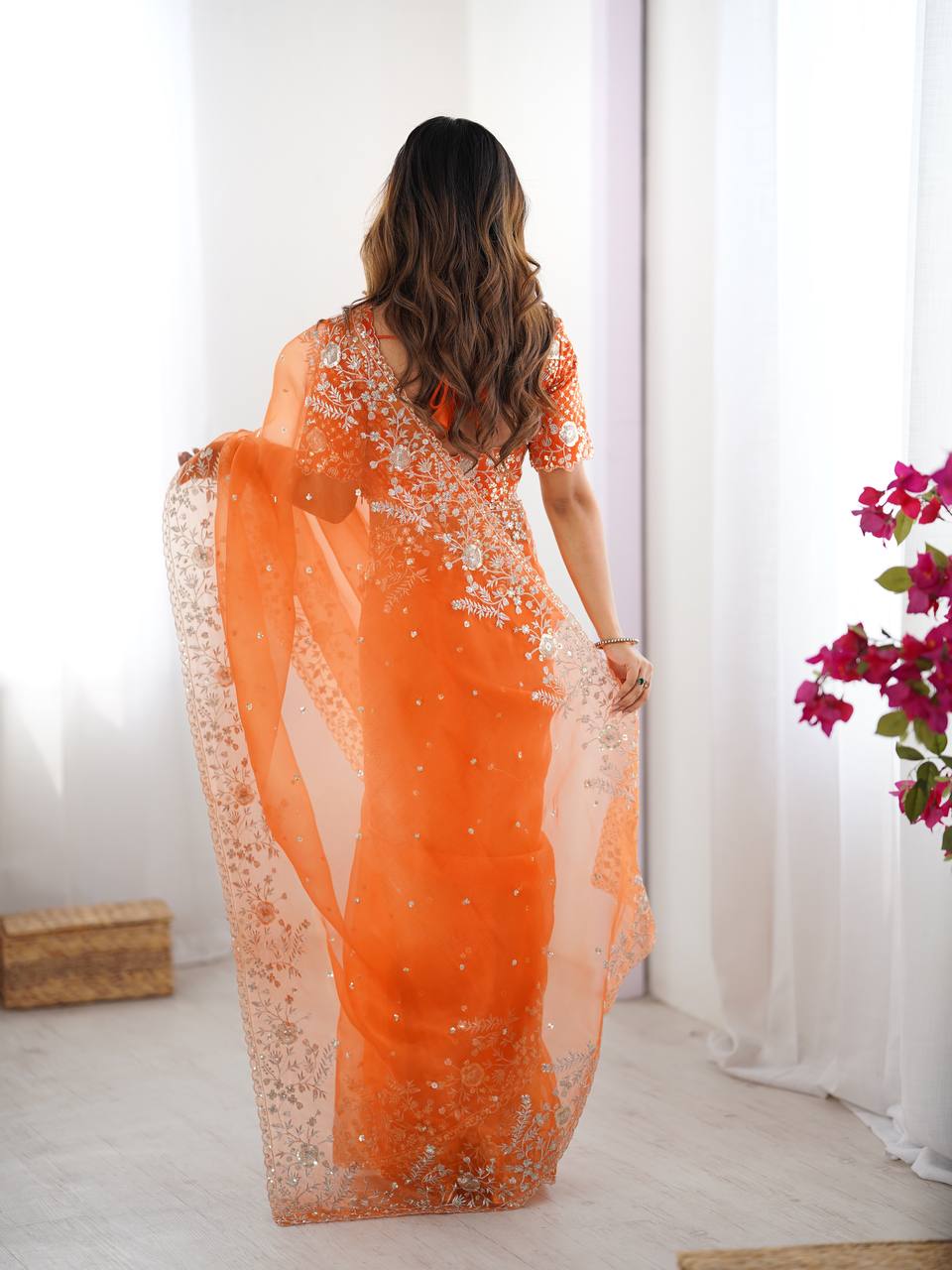 Arti Chauhan Wear Orange Color Organza Silk Saree With Embroidered Blouse