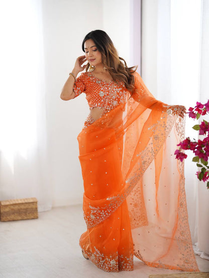 Arti Chauhan Wear Orange Color Organza Silk Saree With Embroidered Blouse