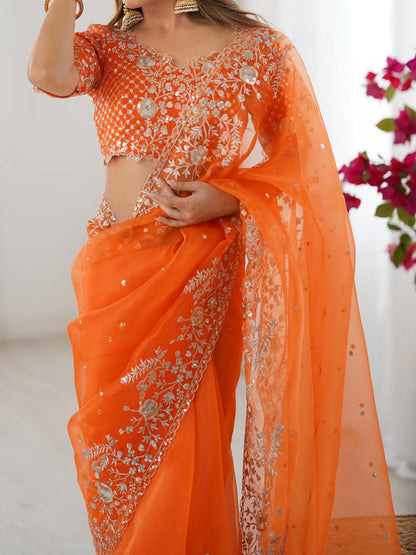 Arti Chauhan Wear Orange Color Organza Silk Saree With Embroidered Blouse