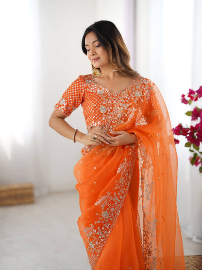 Arti Chauhan Wear Orange Color Organza Silk Saree With Embroidered Blouse