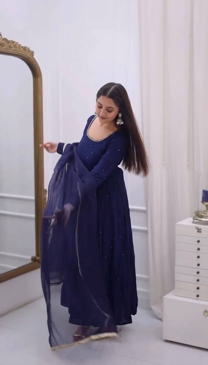 Elegant Blue Color Georgette Handwork Designer Anarkali Gowm