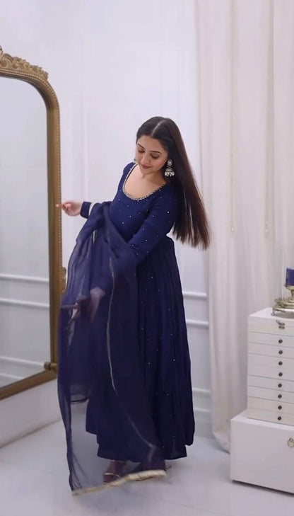 Elegant Blue Color Georgette Handwork Designer Anarkali Gowm