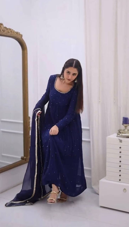 Elegant Blue Color Georgette Handwork Designer Anarkali Gowm