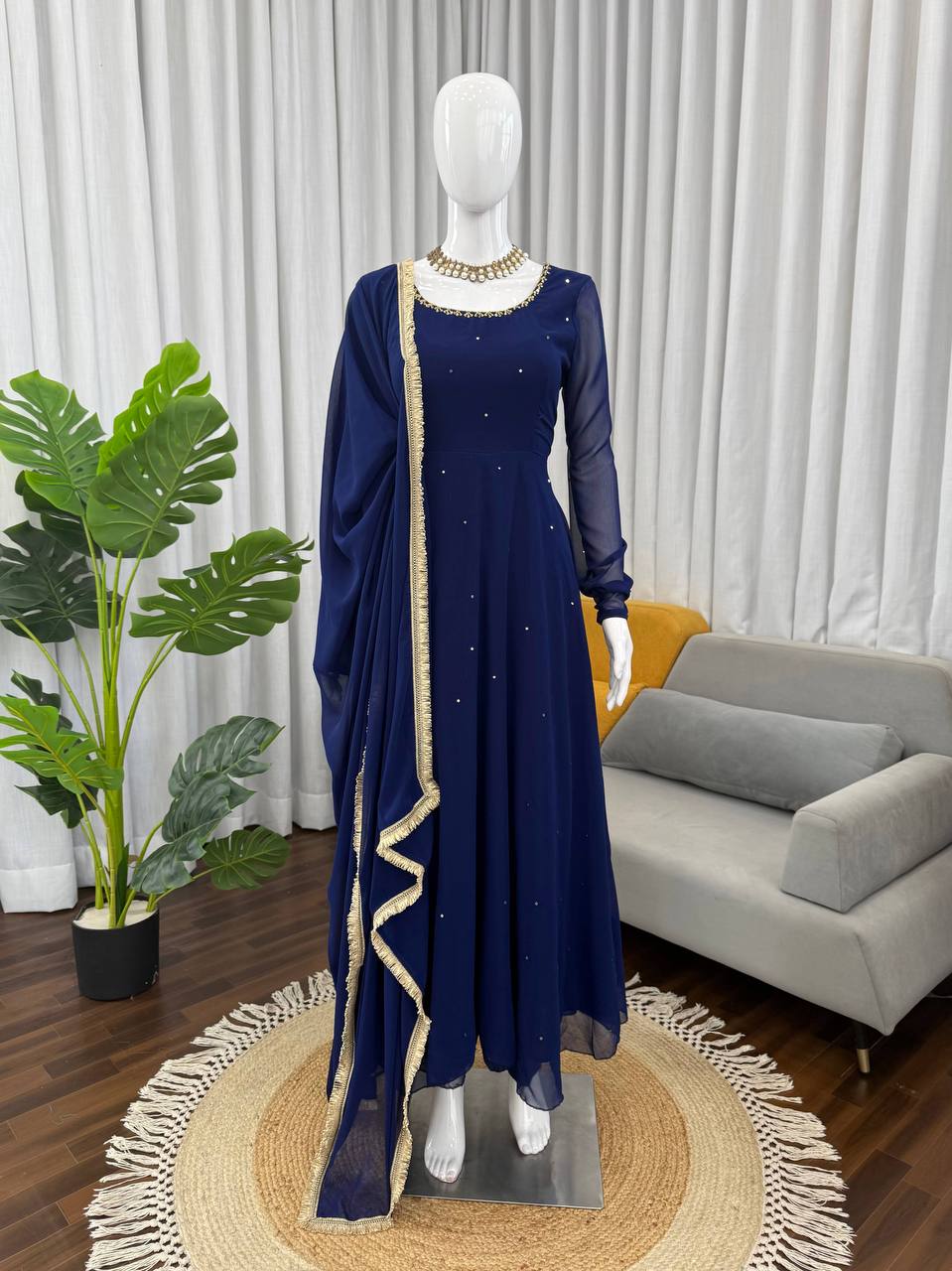Elegant Blue Color Georgette Handwork Designer Anarkali Gowm