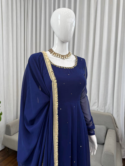 Elegant Blue Color Georgette Handwork Designer Anarkali Gowm