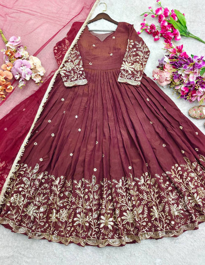 Luxuriant Maroon Color Sequence Embroidered Anarkali Gown With Dupatta