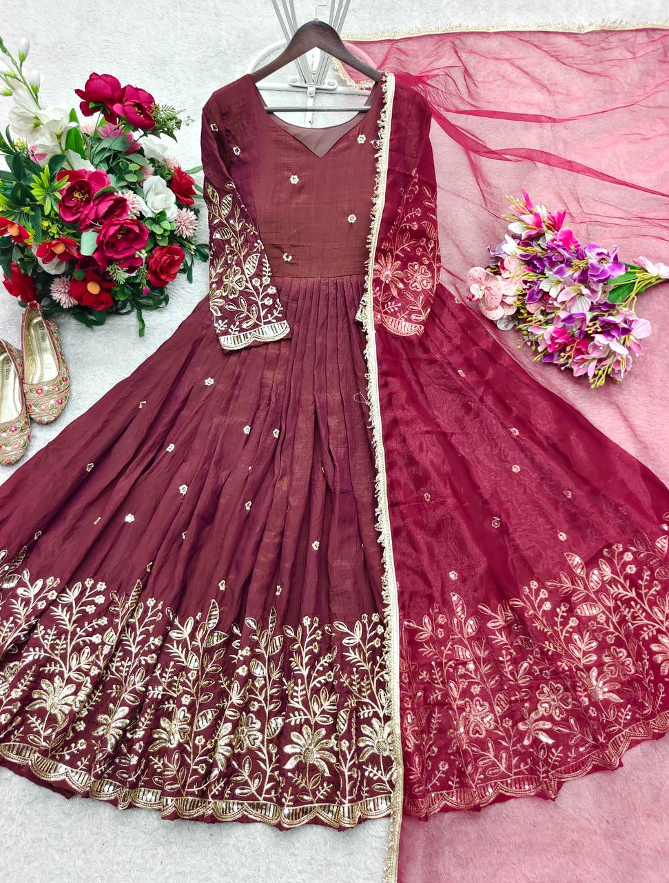 Luxuriant Maroon Color Sequence Embroidered Anarkali Gown With Dupatta