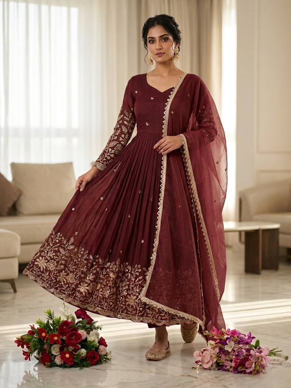 Sangeet Wear Brown Color Sequence Embroidered Anarkali Gown With Dupatta