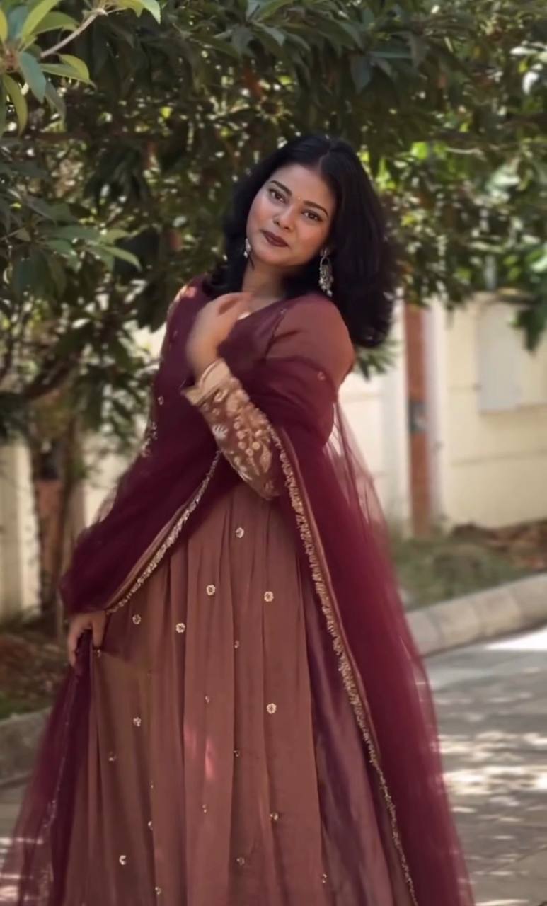 Sangeet Wear Brown Color Sequence Embroidered Anarkali Gown With Dupatta