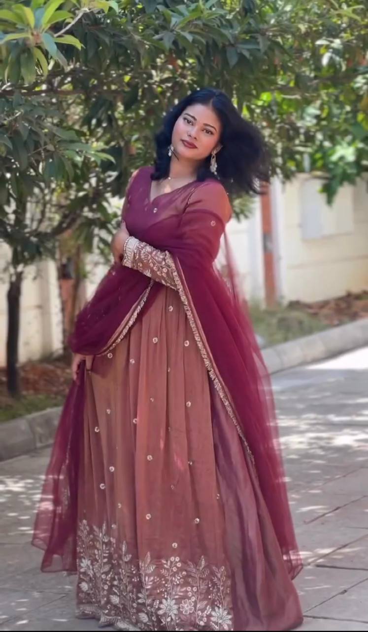 Sangeet Wear Brown Color Sequence Embroidered Anarkali Gown With Dupatta