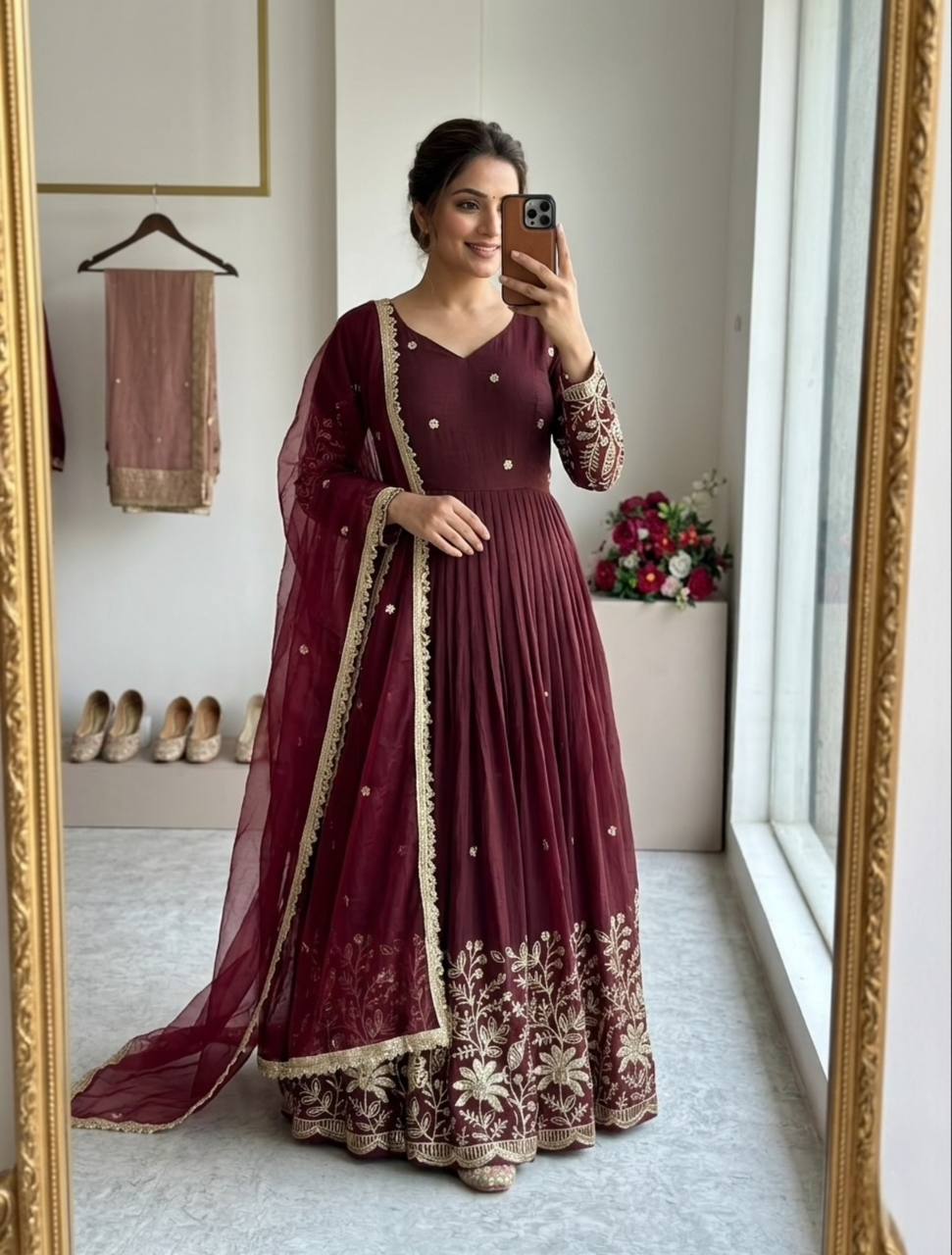 Luxuriant Maroon Color Sequence Embroidered Anarkali Gown With Dupatta