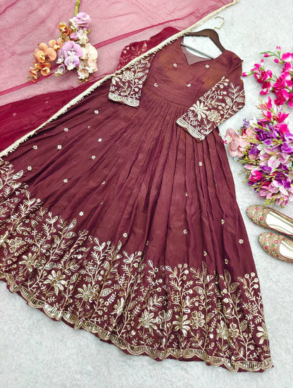 Luxuriant Maroon Color Sequence Embroidered Anarkali Gown With Dupatta