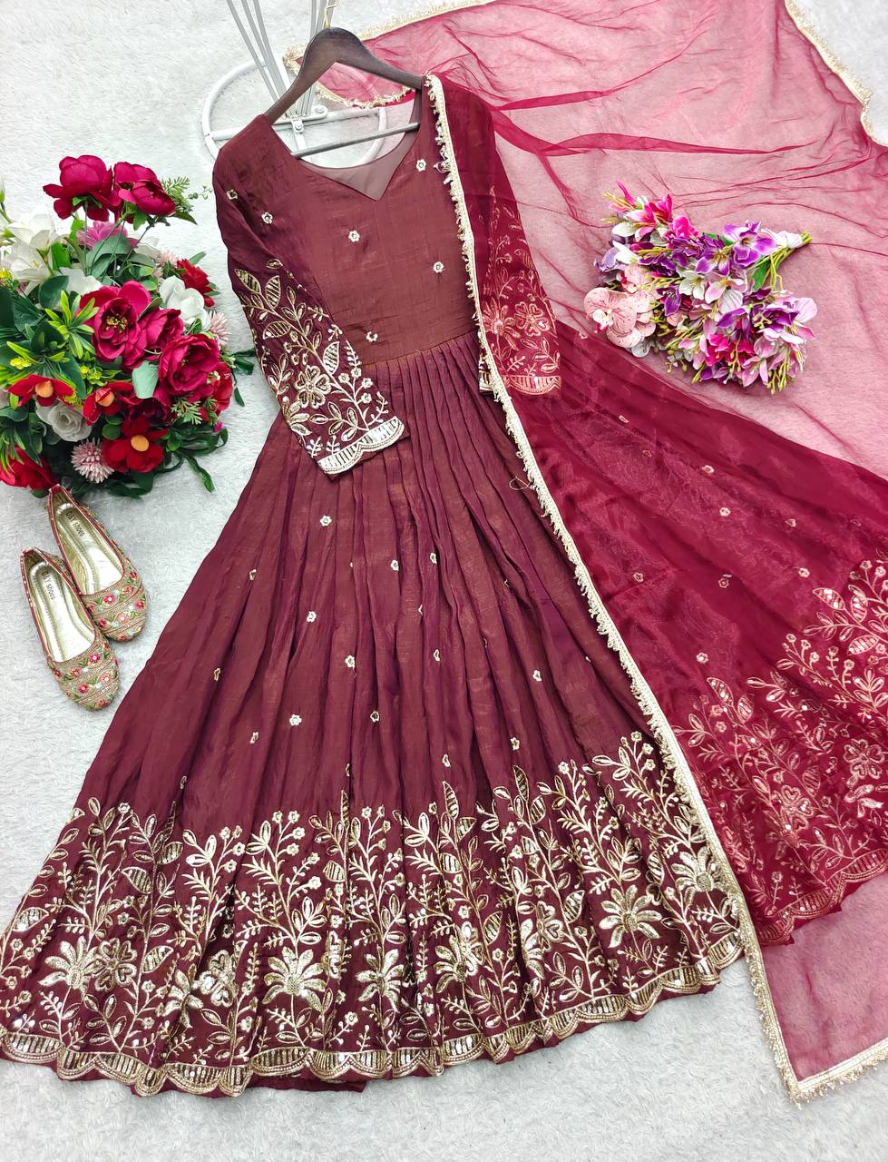 Luxuriant Maroon Color Sequence Embroidered Anarkali Gown With Dupatta