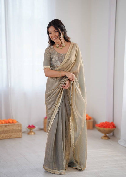 Arti Chauhan Wear Beige Color Heavy Fendy Silk Saree With Blouse