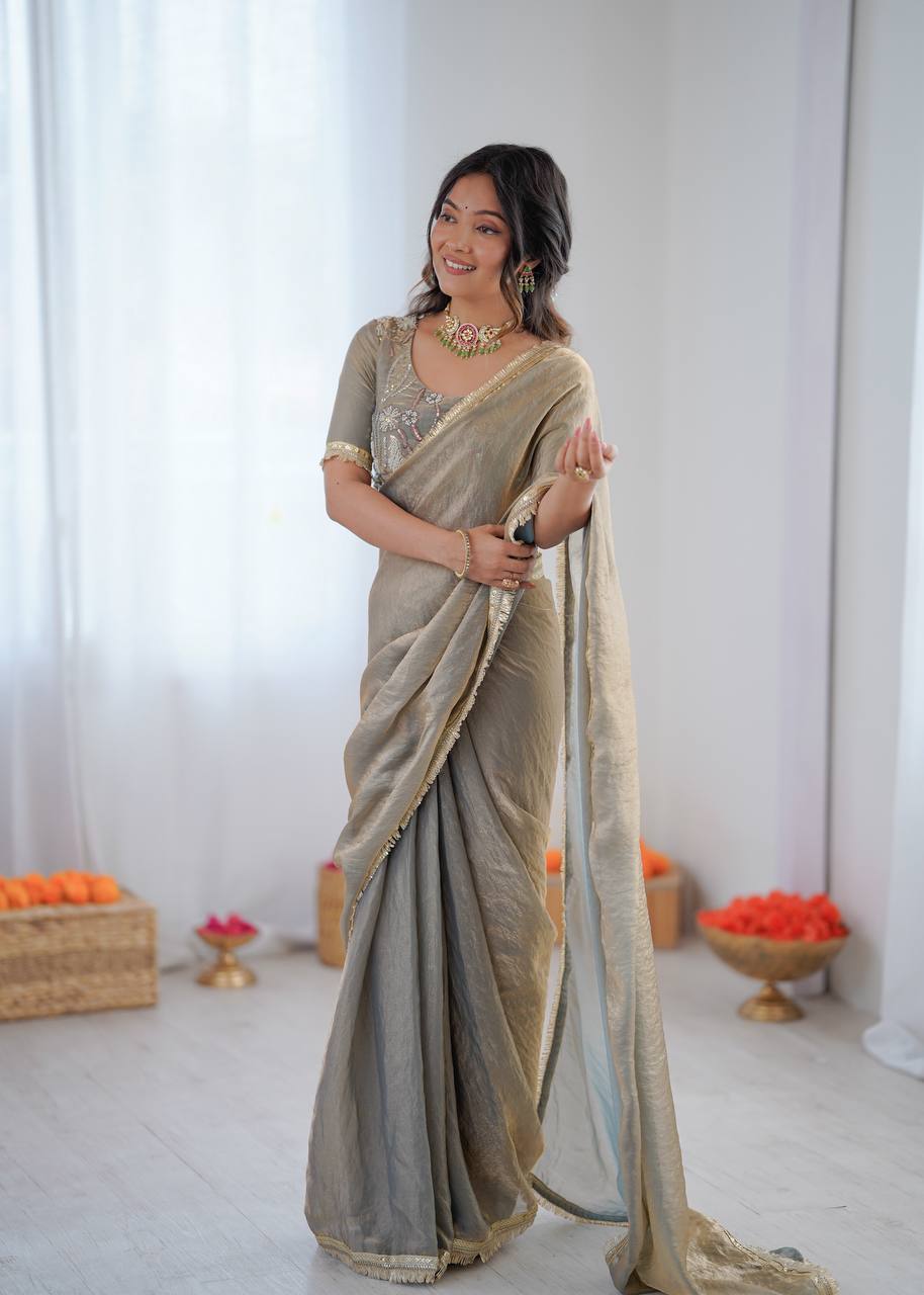 Arti Chauhan Wear Beige Color Heavy Fendy Silk Saree With Blouse