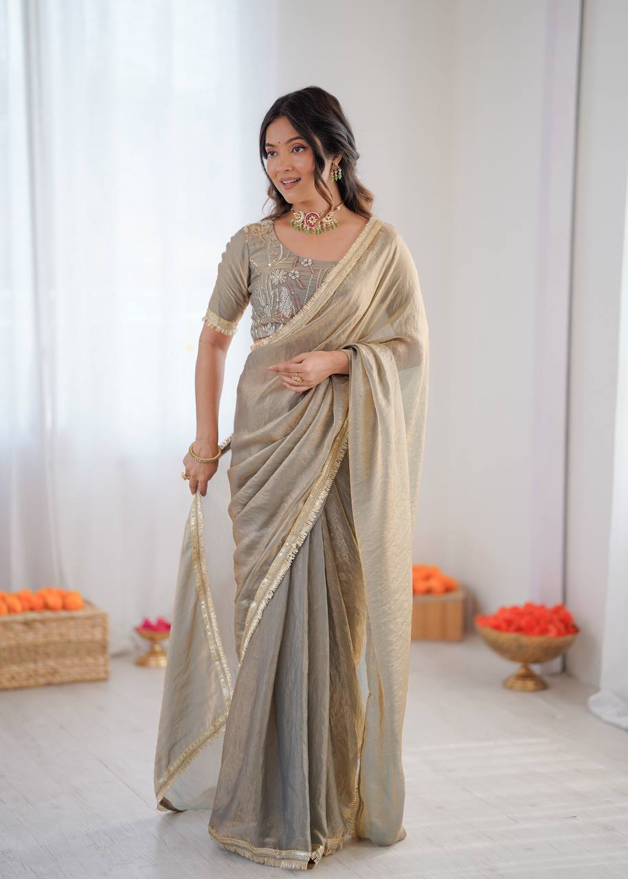Arti Chauhan Wear Beige Color Heavy Fendy Silk Saree With Blouse