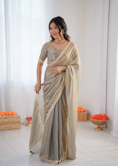 Arti Chauhan Wear Beige Color Heavy Fendy Silk Saree With Blouse