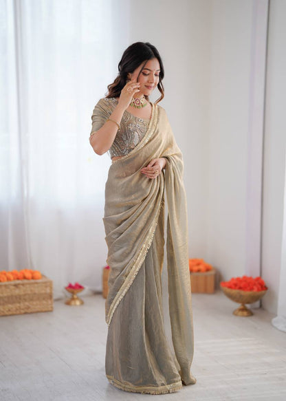 Arti Chauhan Wear Beige Color Heavy Fendy Silk Saree With Blouse