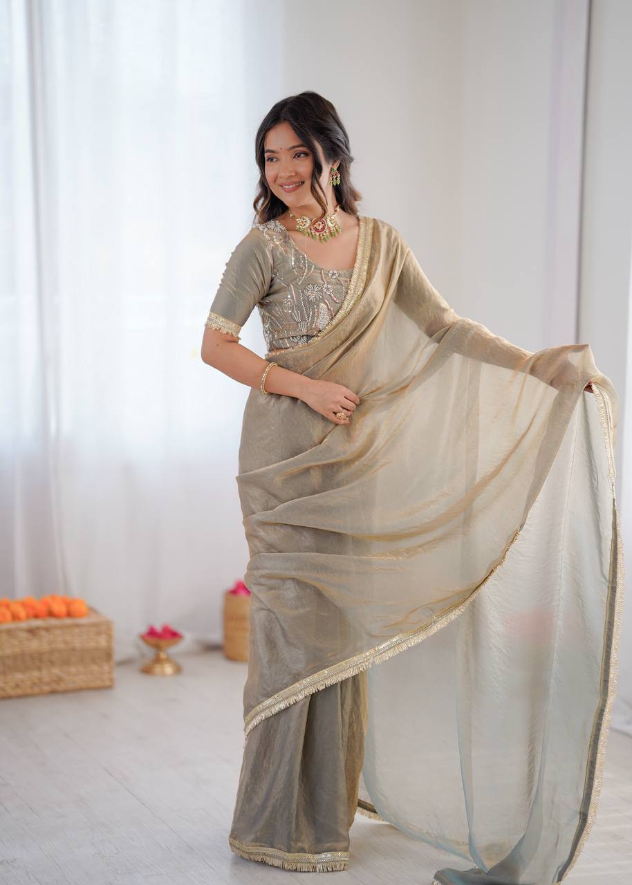 Arti Chauhan Wear Beige Color Heavy Fendy Silk Saree With Blouse