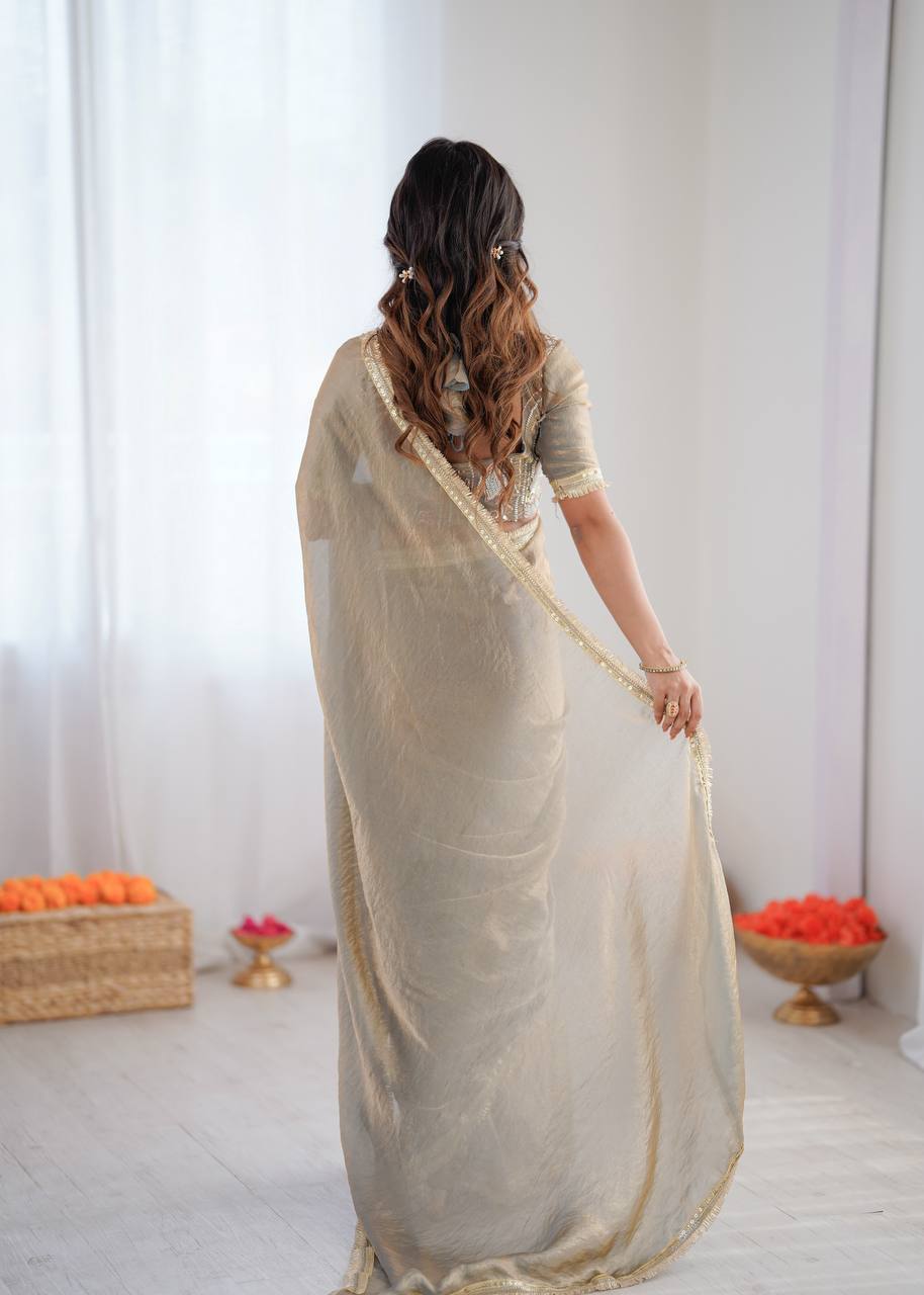 Arti Chauhan Wear Beige Color Heavy Fendy Silk Saree With Blouse