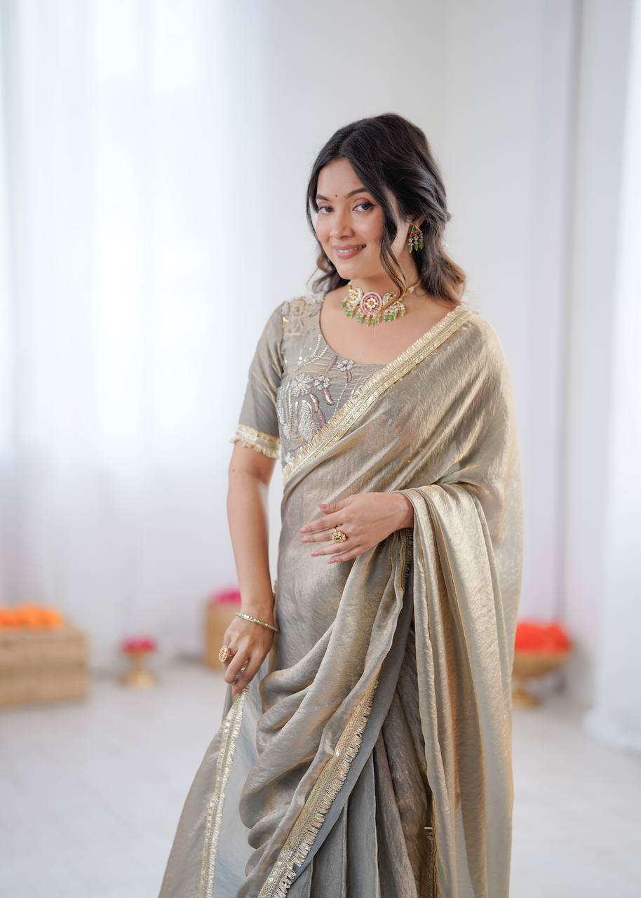 Arti Chauhan Wear Beige Color Heavy Fendy Silk Saree With Blouse