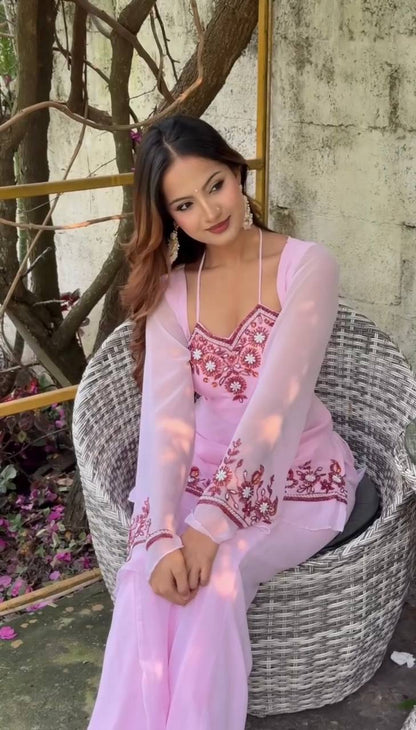 Demanding Pink Color Sequence Embroidered 3 Pieces Palazzo Suit